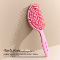 Pink hairbrush on a beige background with text about its benefits