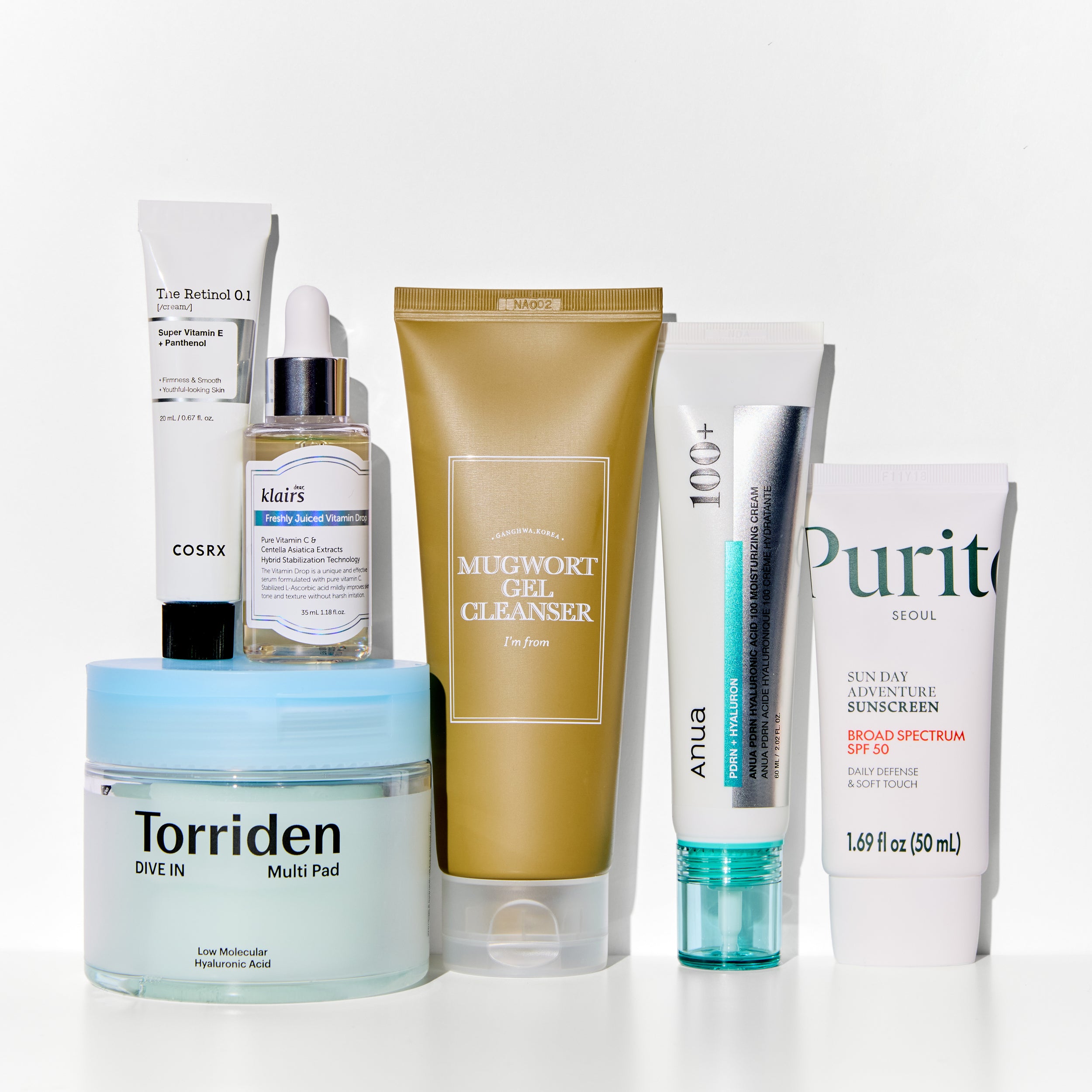 Collection of korean skincare products from various brands on a white background