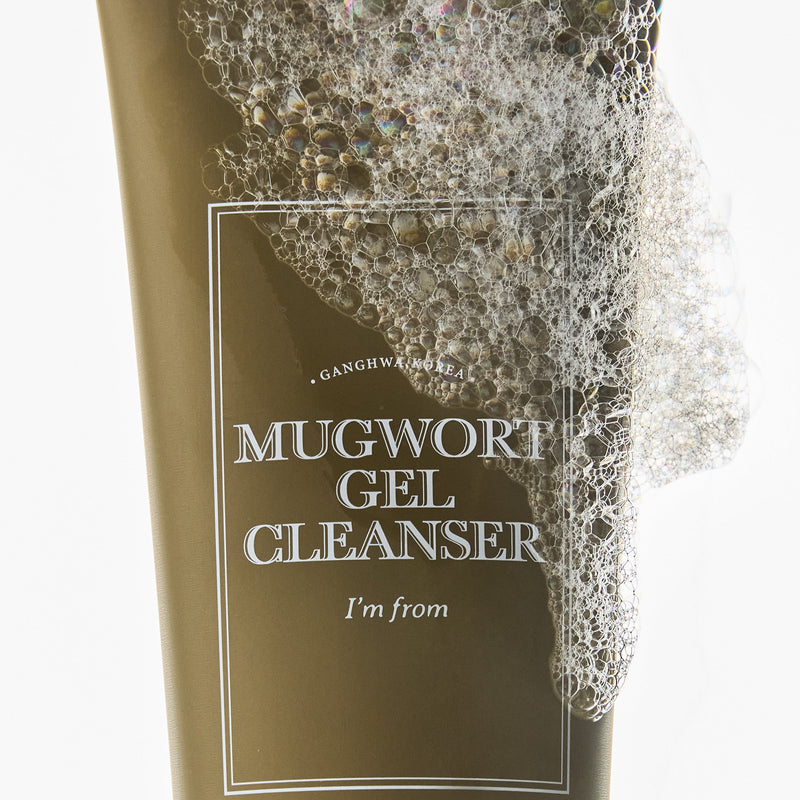 Mugwort Gel Cleanser tube with foamy texture on a white background