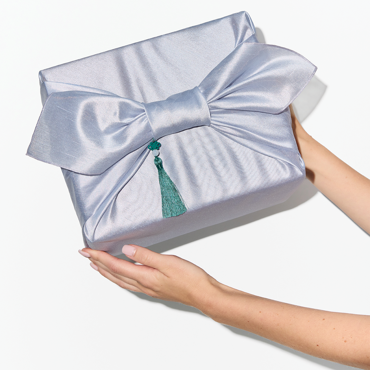 Hand holding a wrapped gift with a large bow on a white background