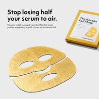 Two-piece Korean face mask with collagen laid flat next to its gold box packaging